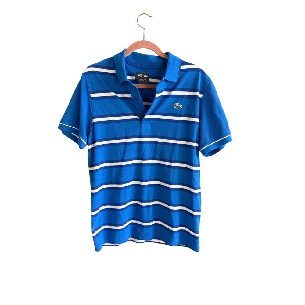 Lacoste Sport Mens Blue White Striped Short Sleeve Collared Polo Shirt Sz Medium - Picture 10 of 10